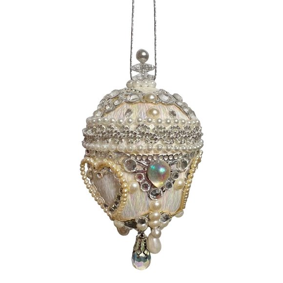 June Zimonick Studio 354 Bluebird White Crystal Bead  Vintage June Zimonick Bedazzled Crystal Pearls Heart Design Christmas Ornament